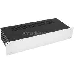 19 inch 2 unit height rack case with silver colored aluminum front in different depths