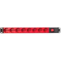 Rack power strip with 8 red UNEL sockets, 10/16Amper Italian + schuko with bipolar light switch 1U, 16A, 230V