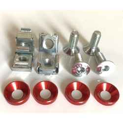 Kit of 4 M6 x 15 mm countersunk head screws, hexagonal key, steel color + RED anodized aluminum washer + metal cage nut for rack mounting