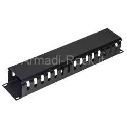 2-unit cable management panel with central opening and rear grid to organize cables, black color RAL 9005