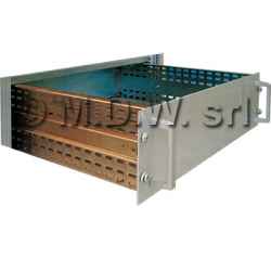 Rack container with extractable drawer on tracks, aluminum front with handles different rack units and depths