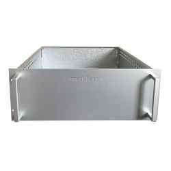 Heavy duty fixed drawer rack container, aluminum front with handles, various rack units and depths
